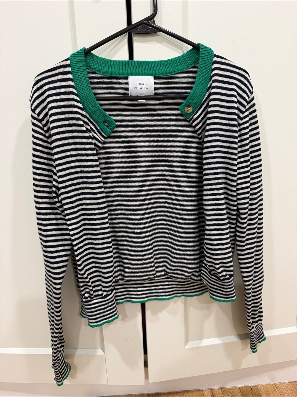 Striped Black & White Cardigan with Green Trim